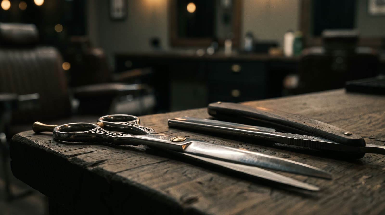 A barber's shears, clippers, and combs arranged on a workstation